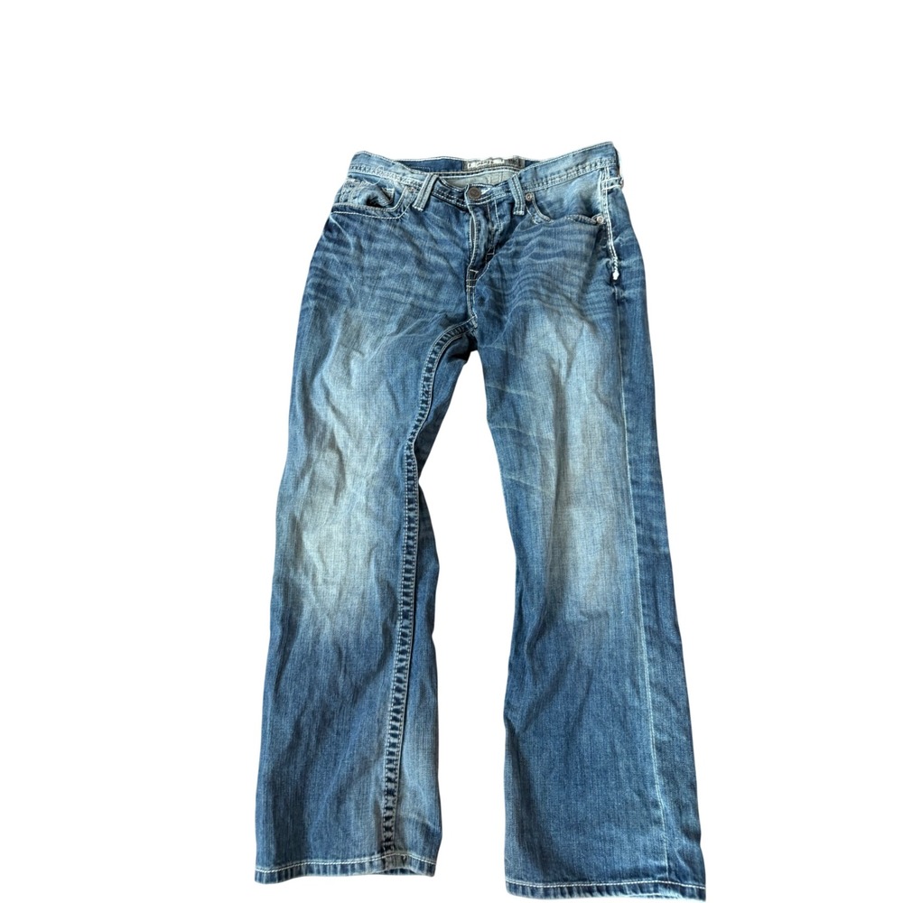 BKE Derek Mens 32S Medium Wash Relaxed Straight Leg Jeans Heavy Stitch